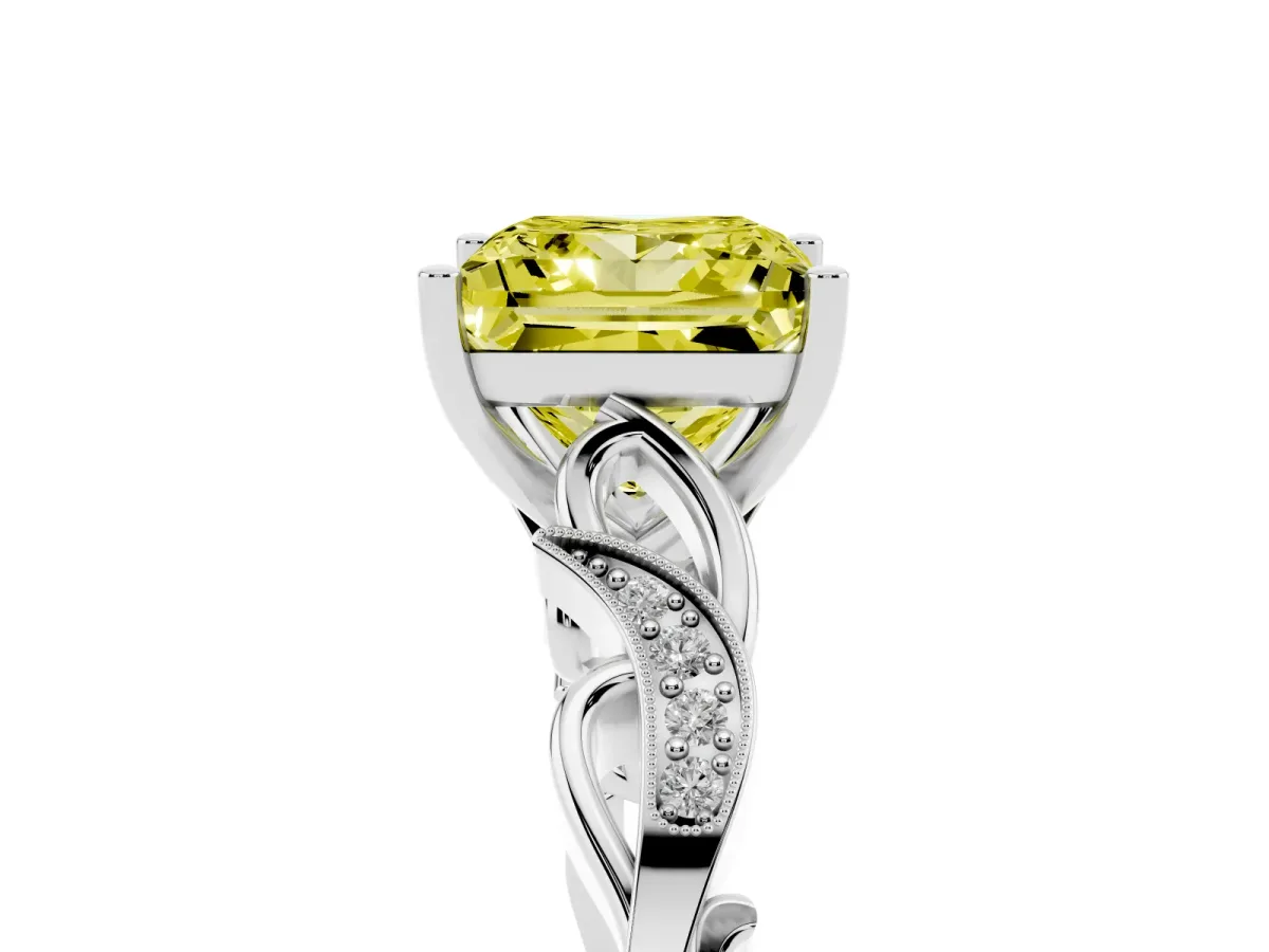 Fancy Yellow Princess Cut Solitaire Vine Band with Milgrain Prong Setting Silver