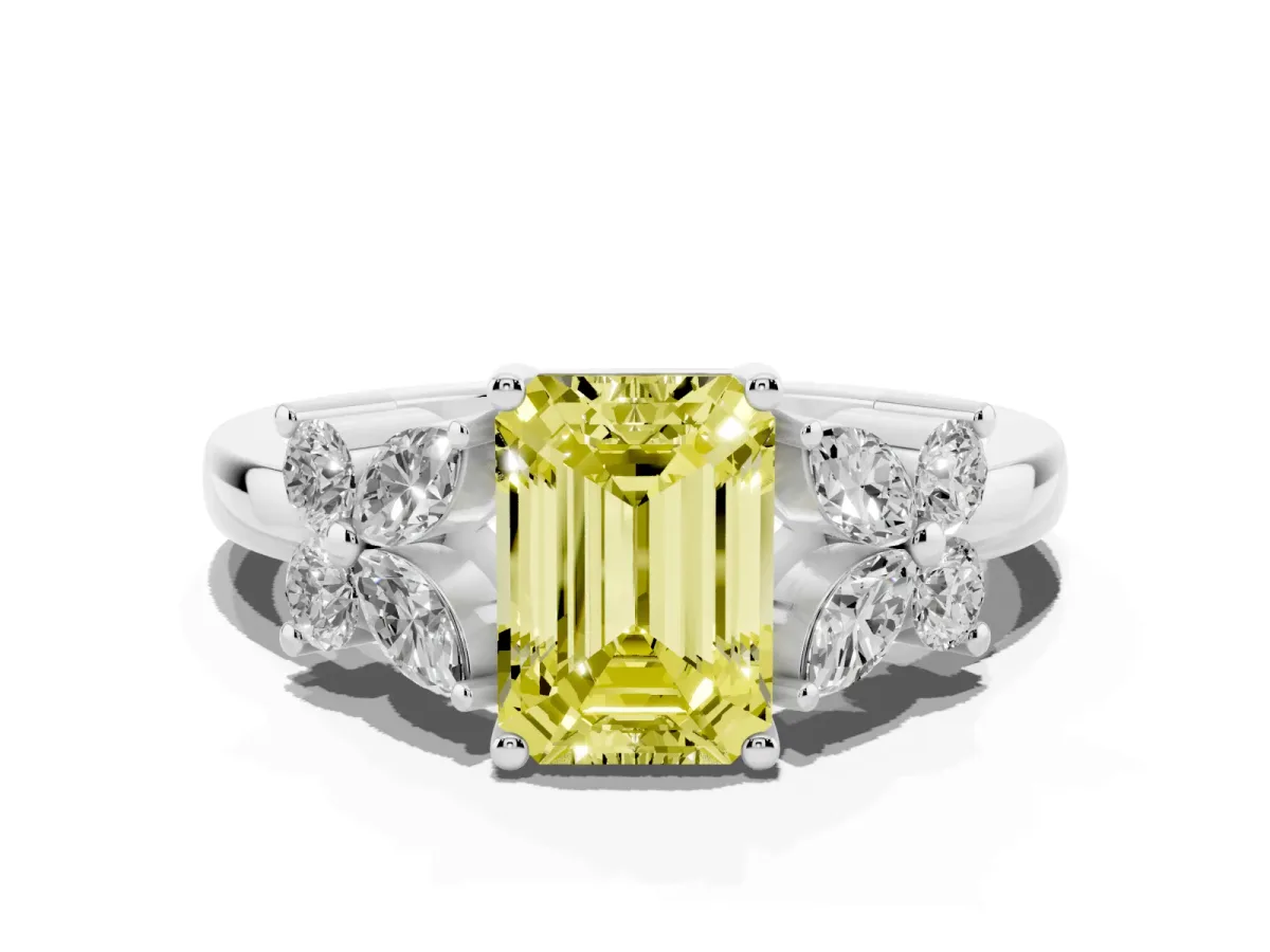 Fancy Yellow Emerald Cut Diamond Floral Cluster Ring with Solitaire Band and Prong Setting Platinum