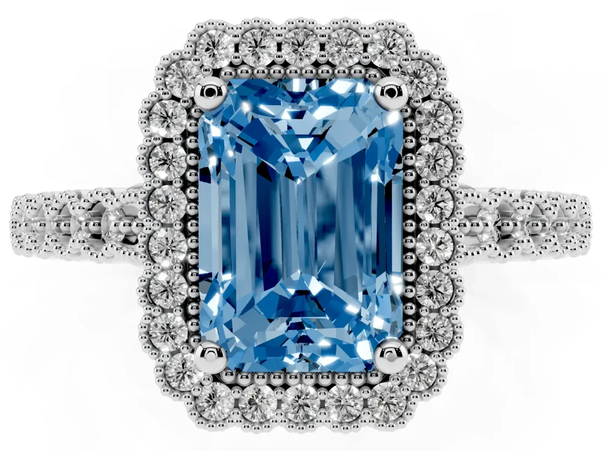 Fancy Blue Radiant Cut Cut Halo Pavé Solitaire Ring with Milgrain Band Silver