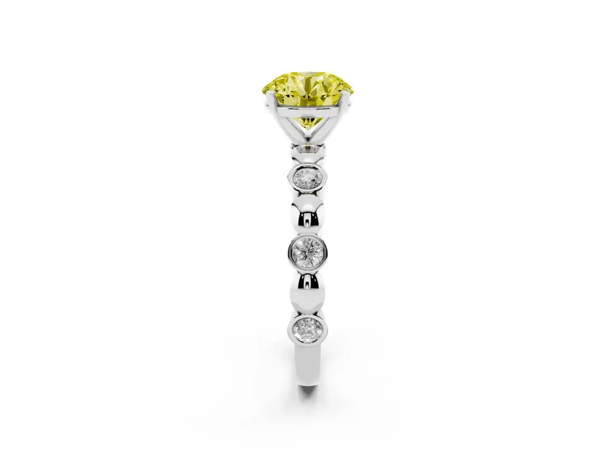 Fancy Yellow Round Cut Solitaire Bezel-Set Diamond Ring with Beaded Band and Four-Prong Setting Platinum