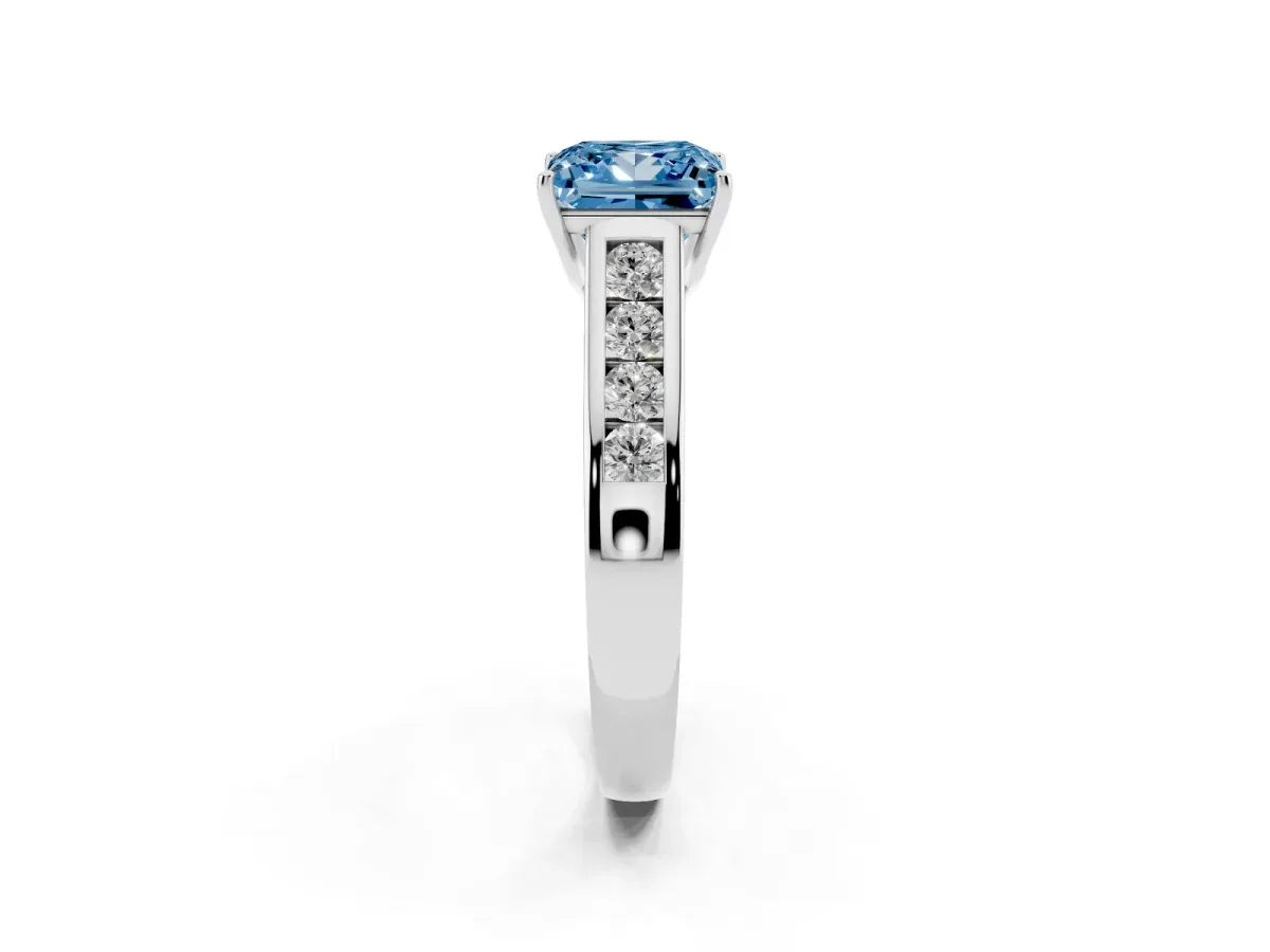 Fancy Blue Princess Cut Solitaire Channel-Set Diamond Engagement Ring with Four-Prong Setting Platinum