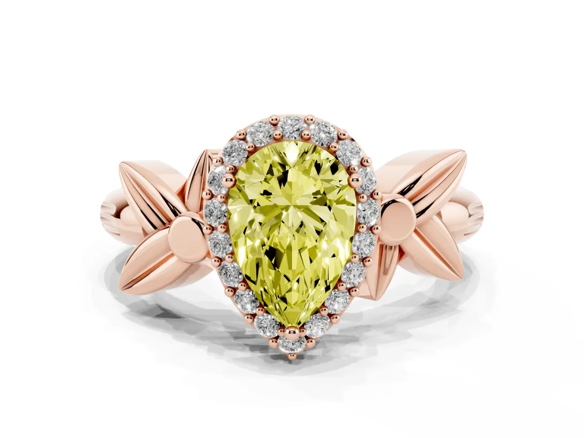 Fancy Yellow Pear Cut Halo Diamond Floral Band with Four-Prong Setting Rose gold