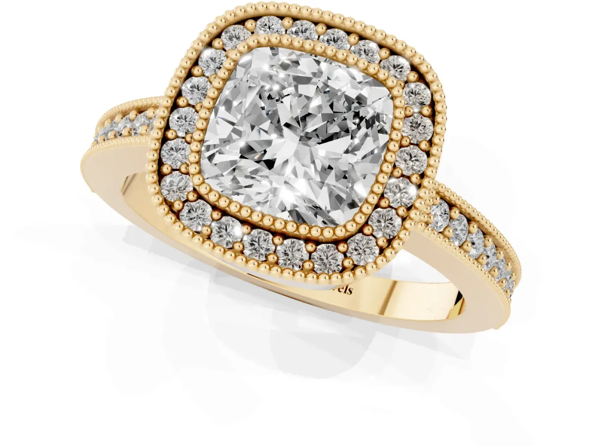 Cushion Cut-Cut Diamond Halo Engagement Ring with Pave Band and Prong Setting Yellow gold
