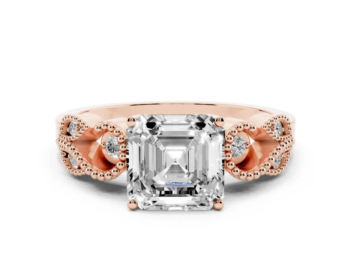 Asscher Cut Solitaire Milgrain Leaf Band with Prong Setting Rose gold