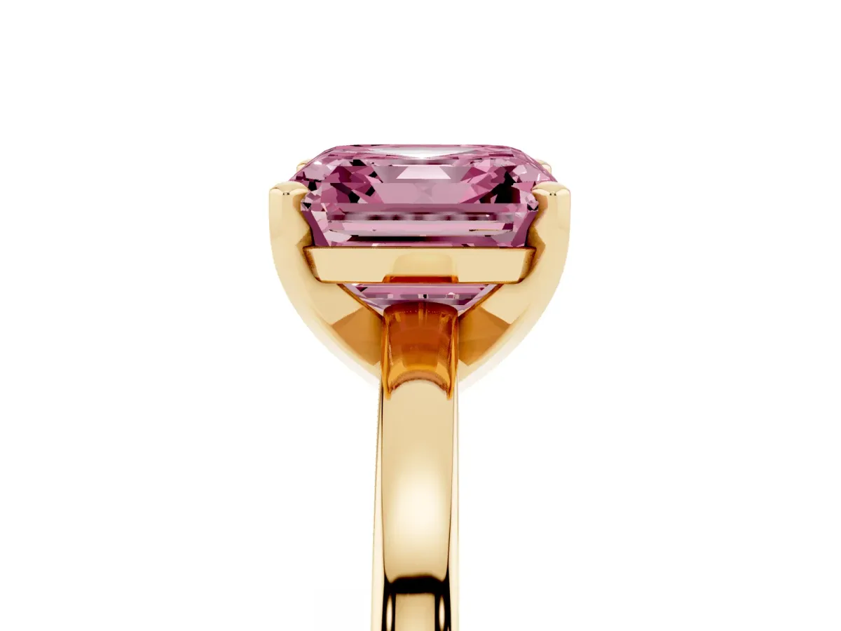 Fancy Pink Asscher Cut Solitaire Diamond Engagement Ring with Four-Prong Setting on a Classic Band Yellow gold
