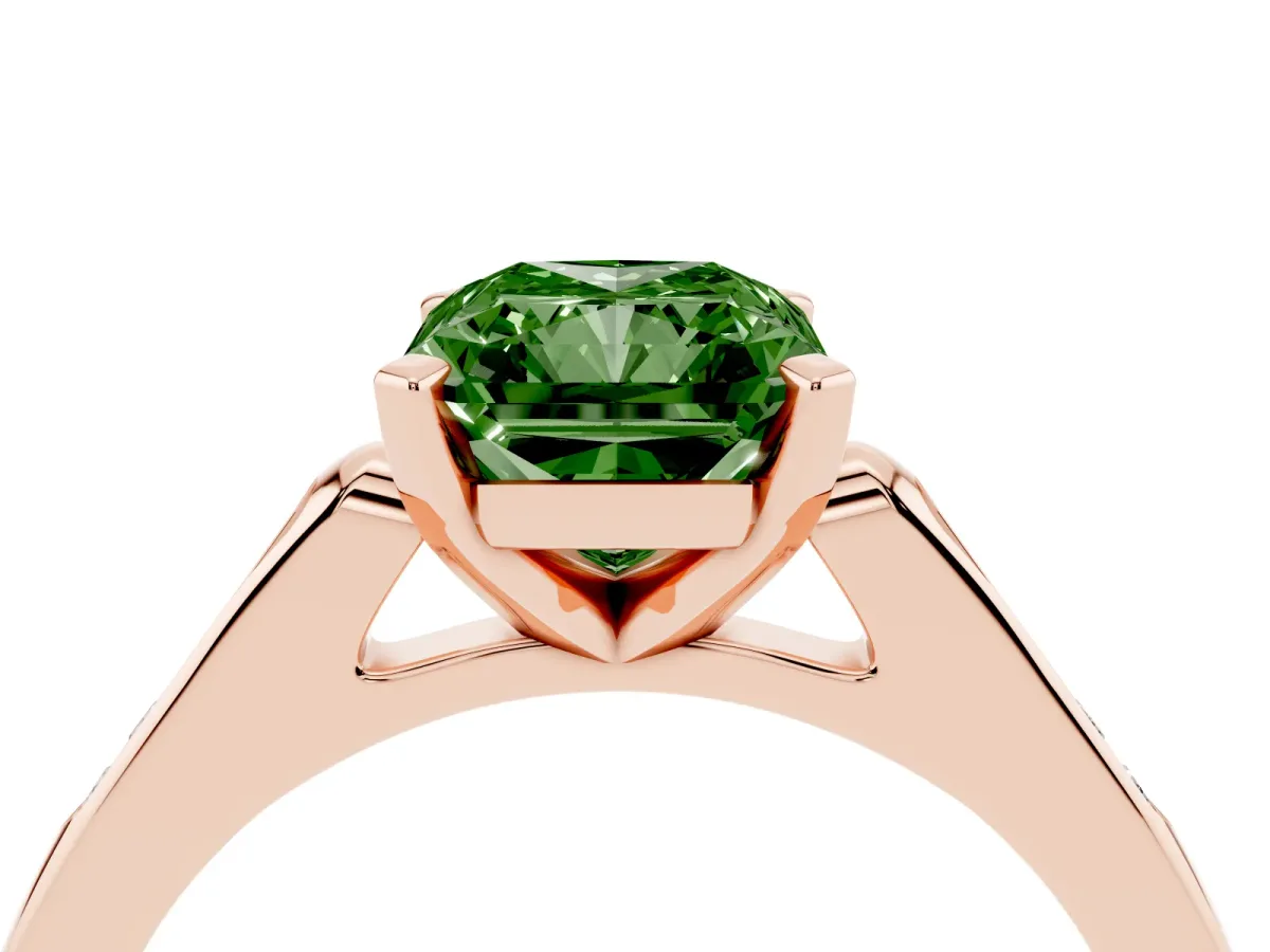 Fancy Green Radiant Cut Diamond Solitaire Ring with Channel Set Round Band and Prong Setting Rose gold