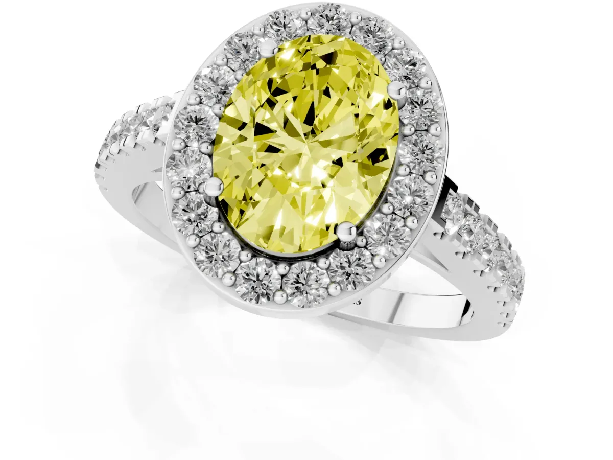 Fancy Yellow Oval Cut Diamond Halo Ring with Round Pavé Split Shank and Prong Setting Silver