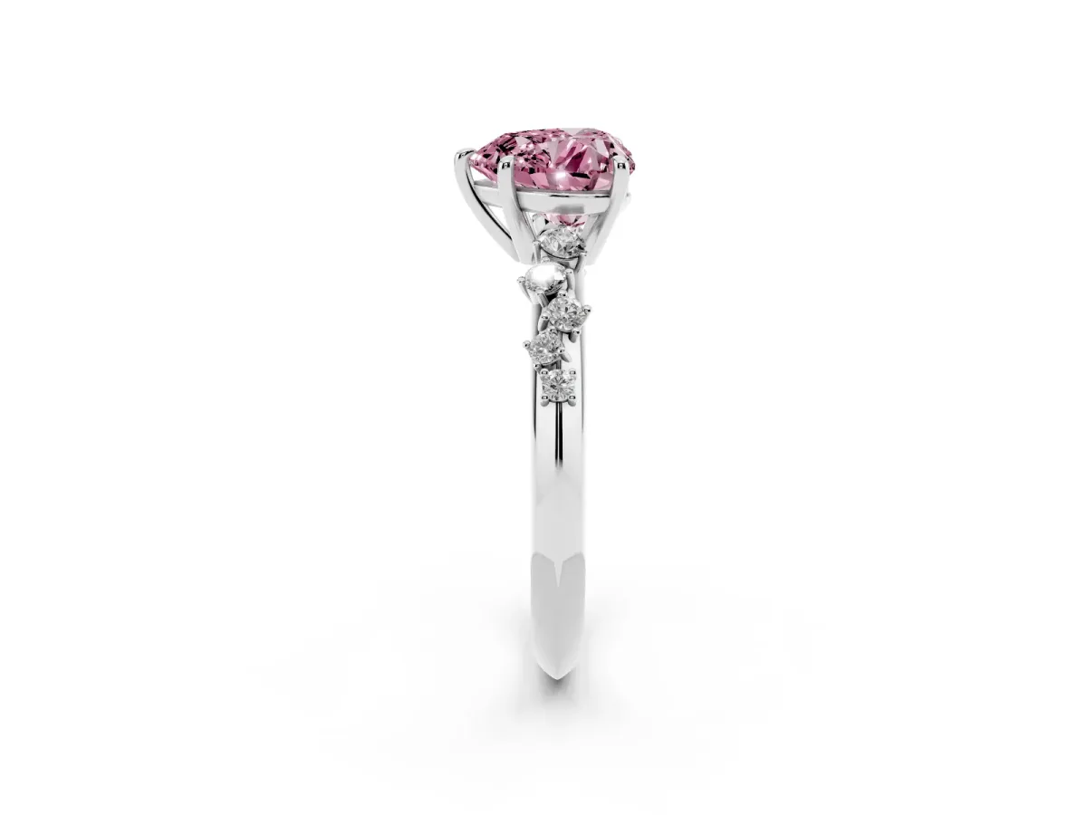 Fancy Pink Heart Cut Diamond Cluster Side Stone Solitaire Ring with Prong Setting Silver