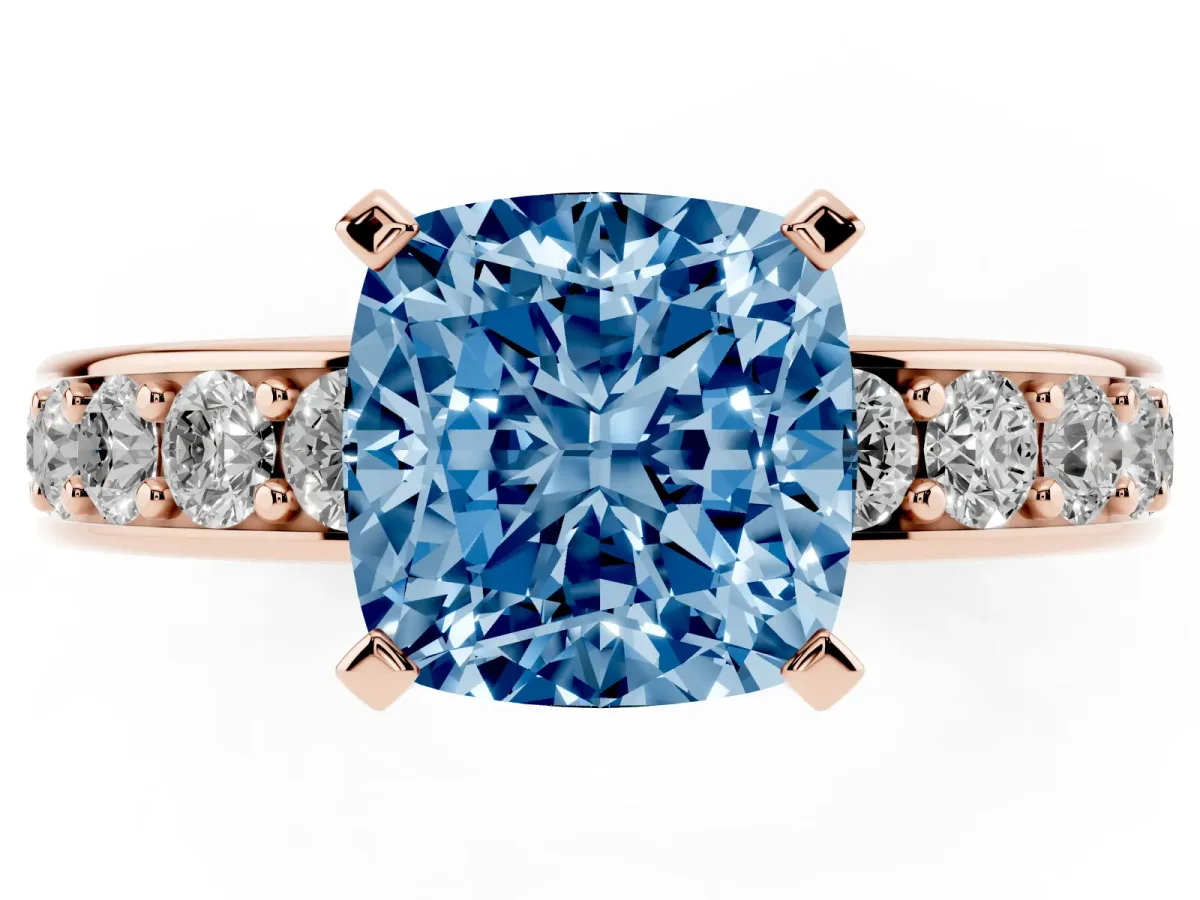 Fancy Blue Cushion Cut Diamond Engagement Ring with Channel Set Round Band and Prong Setting Rose gold