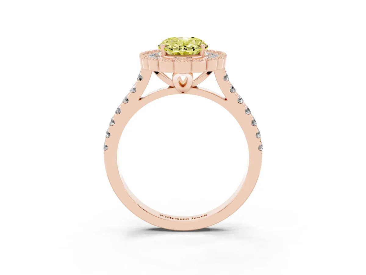 Fancy Yellow Oval Cut Cut Diamond Milgrain Floral Halo Engagement Ring with Pavé Band Rose gold