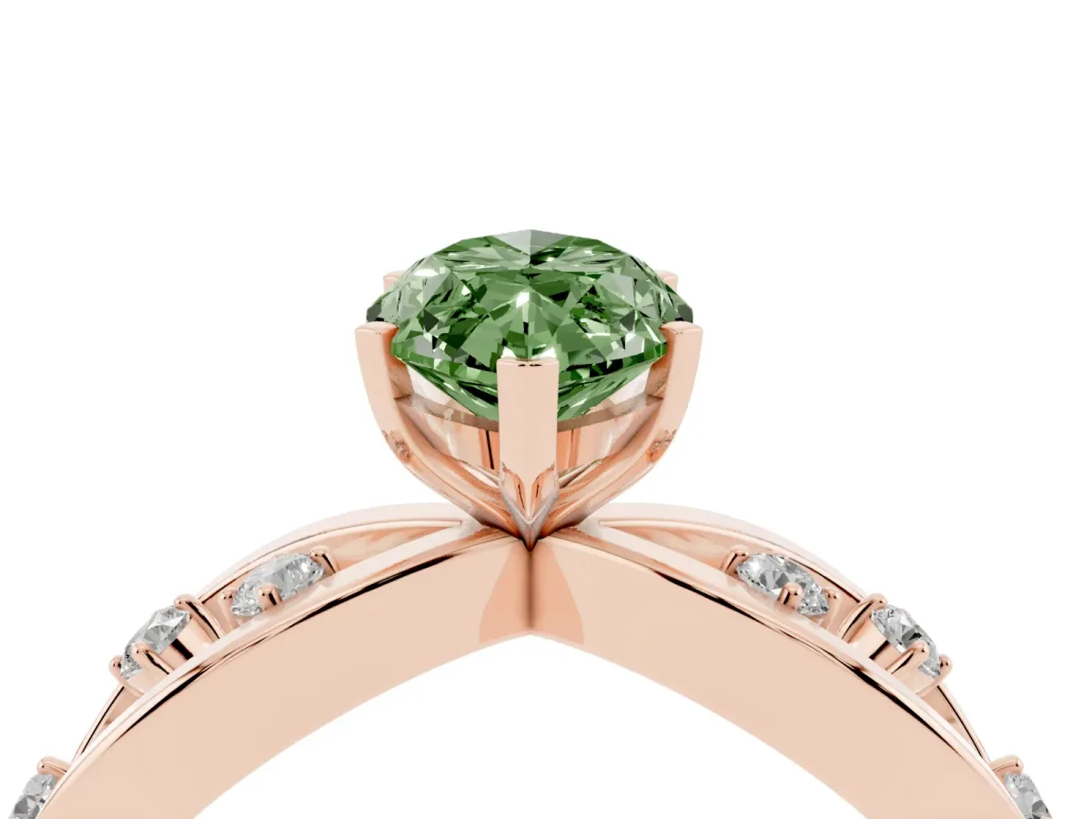 Fancy Green Marquise Cut Cut Solitaire Diamond with Side Stones on Criss-Cross Band and Four-Prong Setting Rose gold
