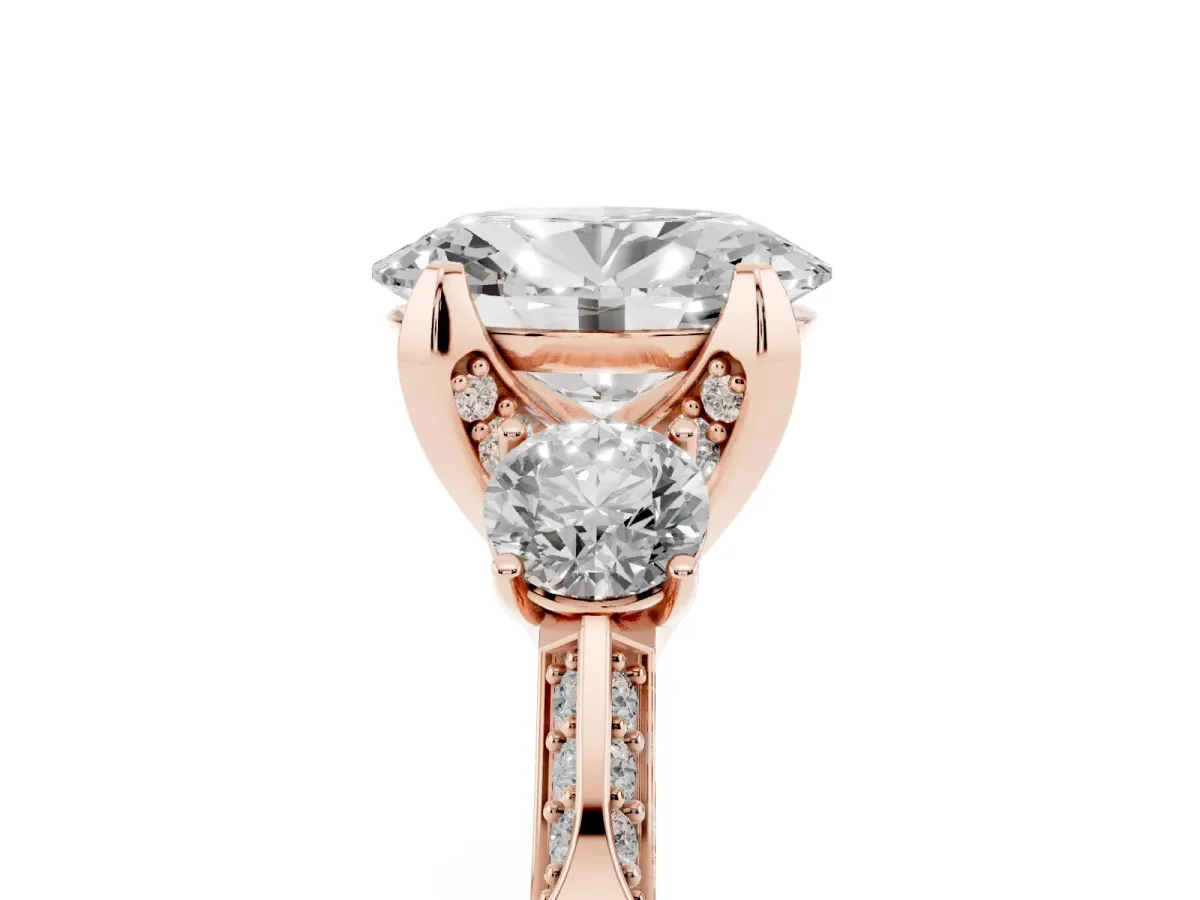 Oval Cut Brilliant Three-Stone Diamond Ring with Pavé Band and Four-Prong Setting Rose gold