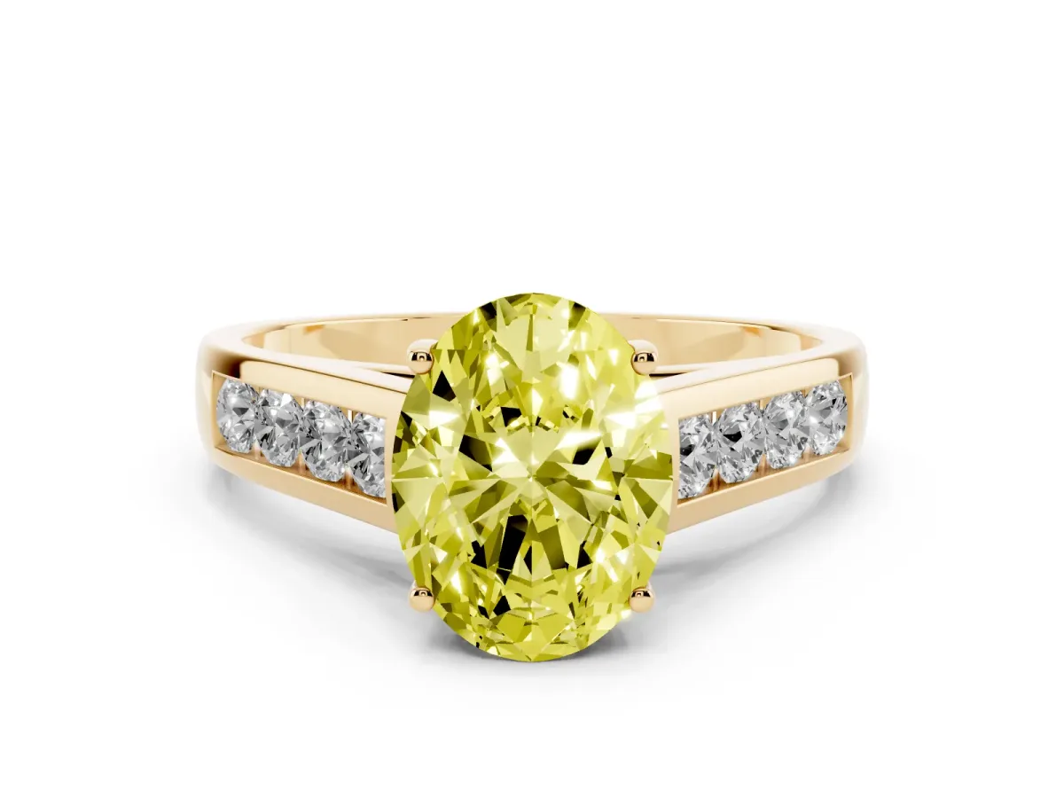 Fancy Yellow Oval Cut Brilliant Channel-Set Solitaire Ring with Four-Prong Setting Yellow gold