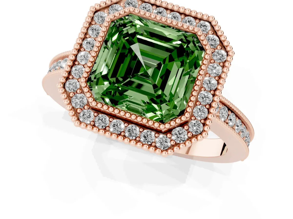 Fancy Green Asscher Cut Cut Halo Diamond Ring with Pavé Band and Milgrain Prong Setting Rose gold