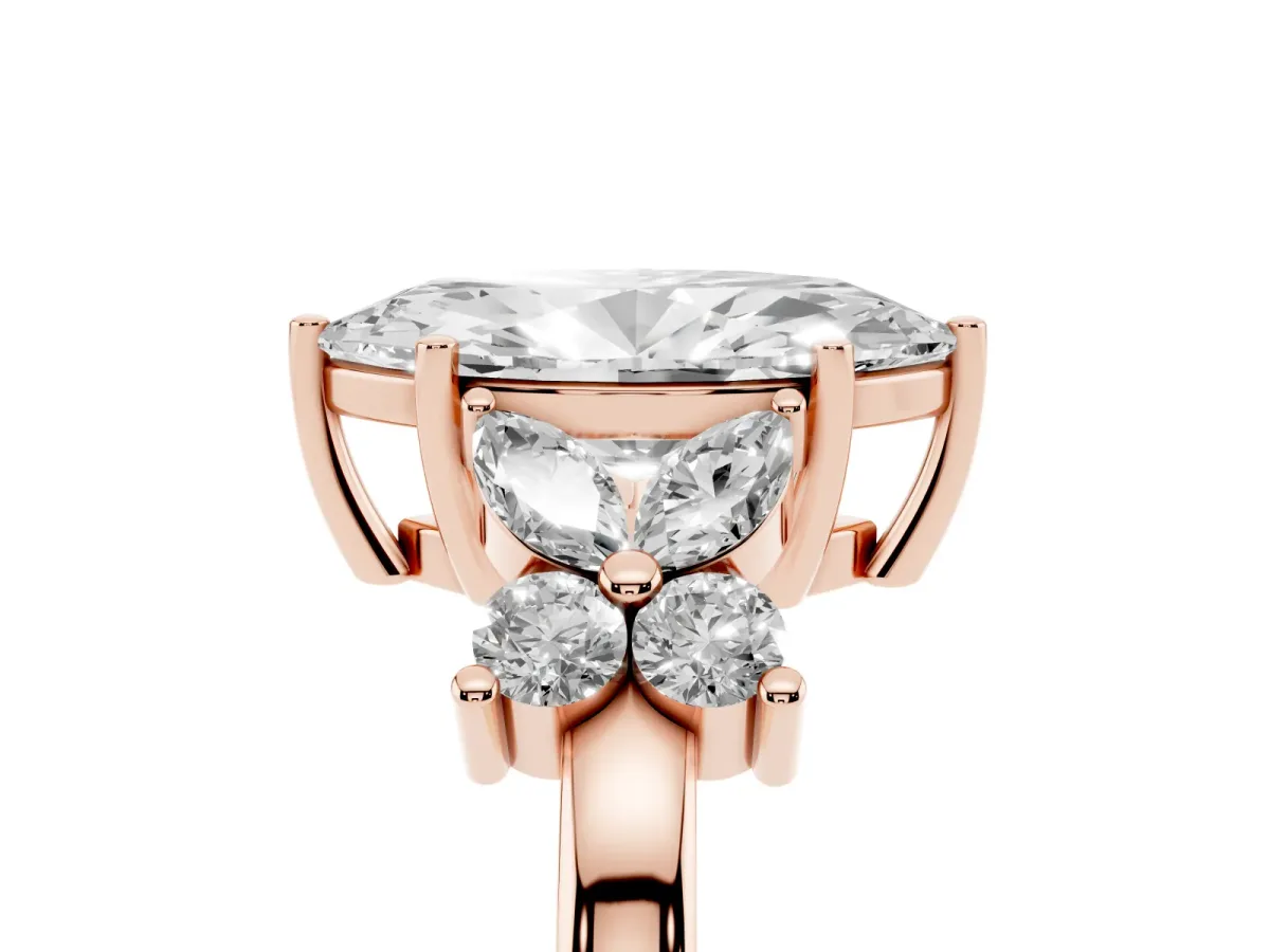 Marquise Cut Diamond Floral Cluster Ring with Solitaire Band and Prong Setting Rose gold