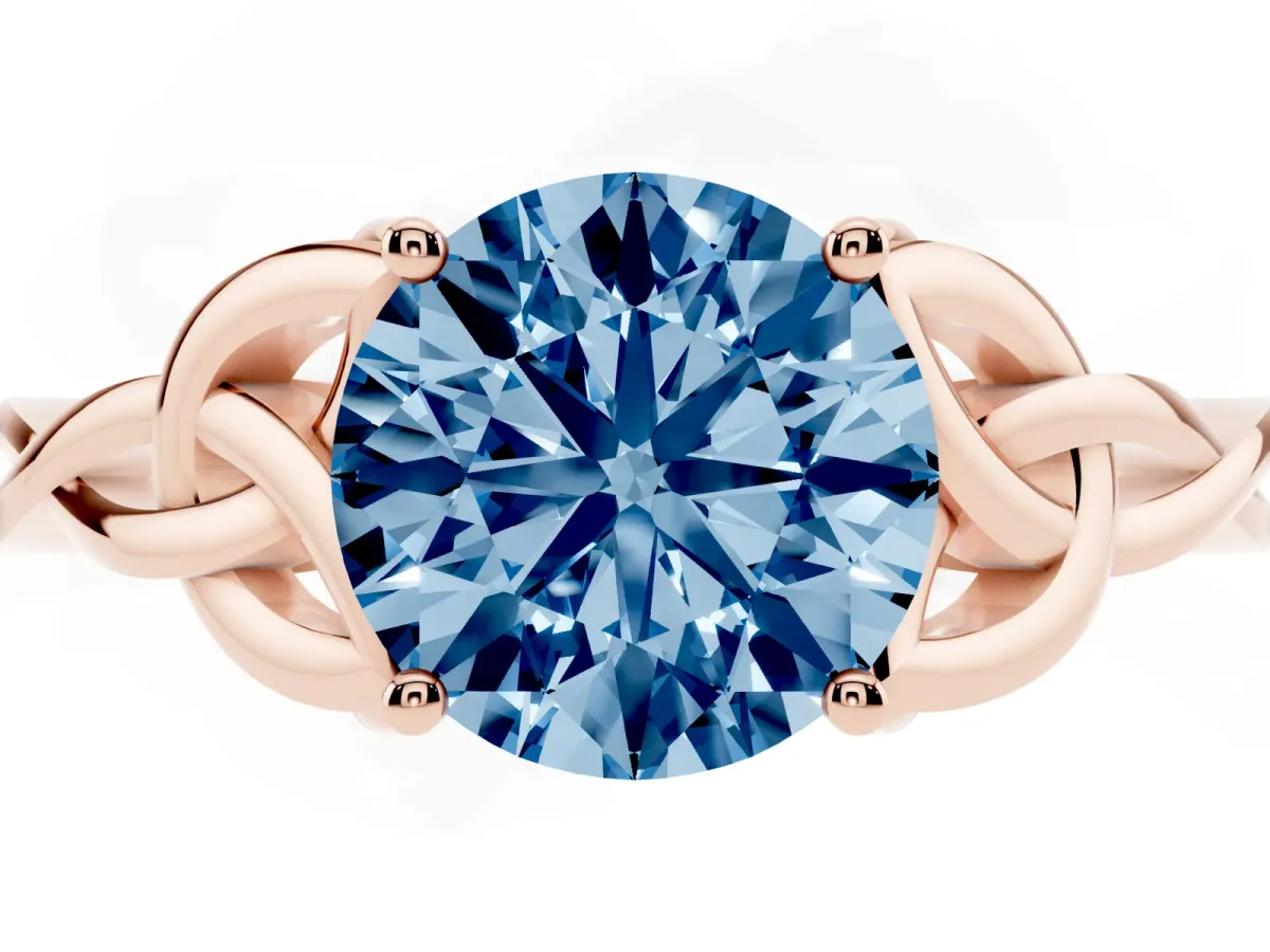 Fancy Blue Round Cut Diamond Solitaire Engagement Ring with Celtic Knot Band and Four-Prong Setting Rose gold