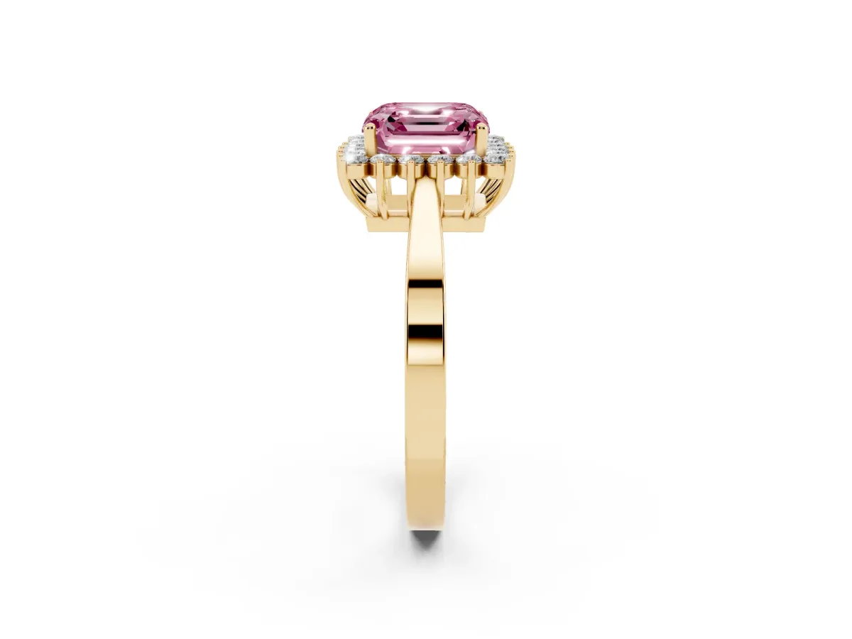 Fancy Pink Asscher Cut Cut Diamond Halo Ring with Round Brilliant Halo and Solitaire Band Yellow gold