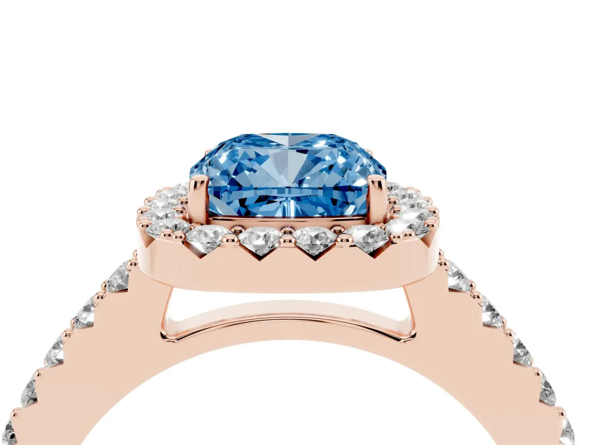 Fancy Blue Cushion Cut Halo Diamond Pavé Solitaire Ring Rose gold