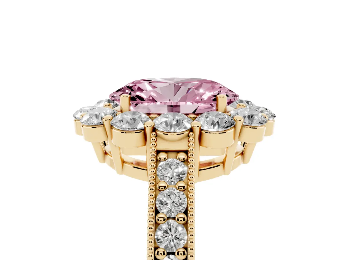 Fancy Pink Oval Cut Cut Halo Diamond Pavé Engagement Ring with Milgrain Detailing Yellow gold