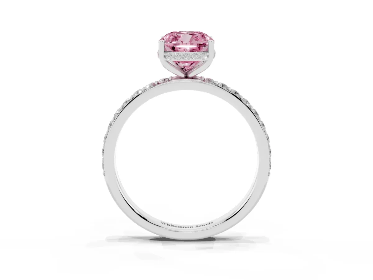 Fancy Pink Cushion Cut Diamond Solitaire Ring with Pavé Band and Hidden Halo White gold