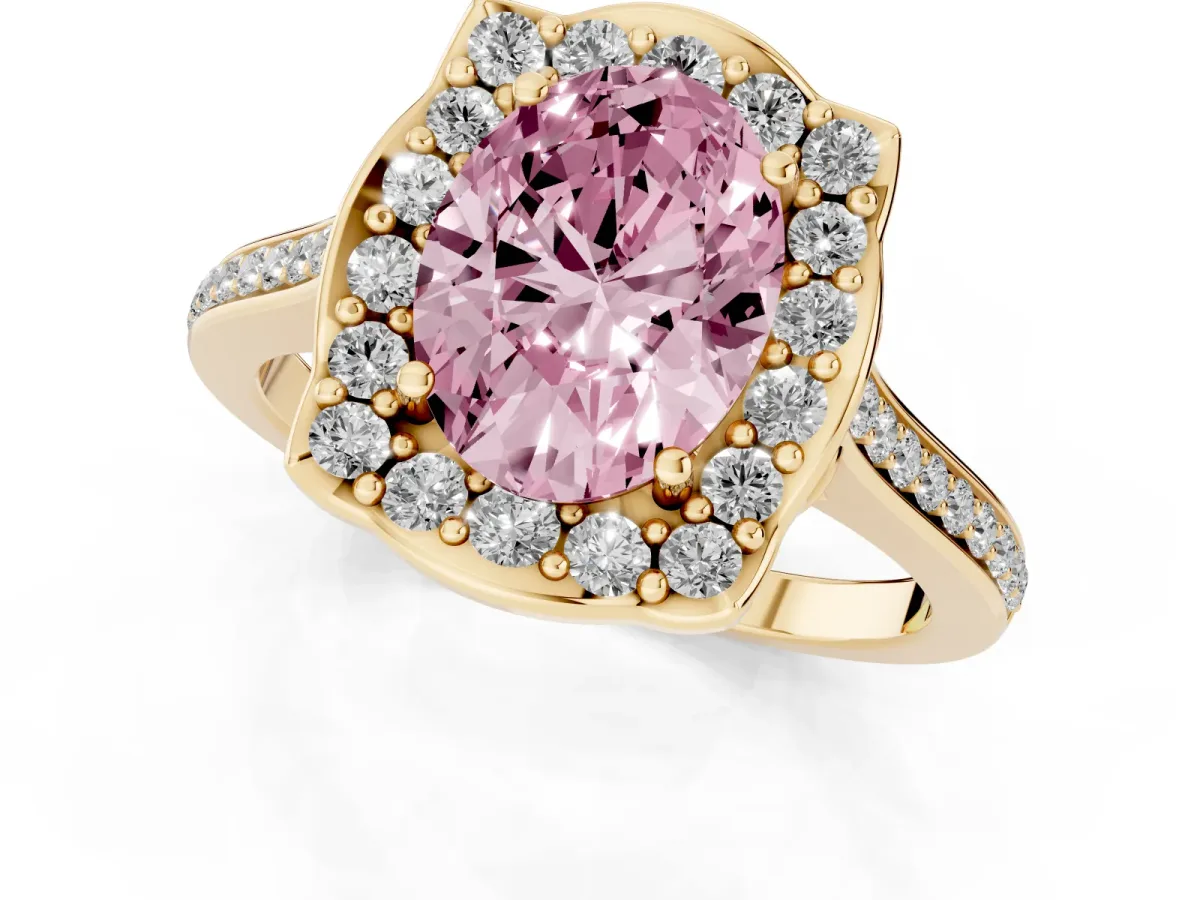 Fancy Pink Oval Cut Halo Round Diamond Pave Band with Four-Prong Setting Yellow gold