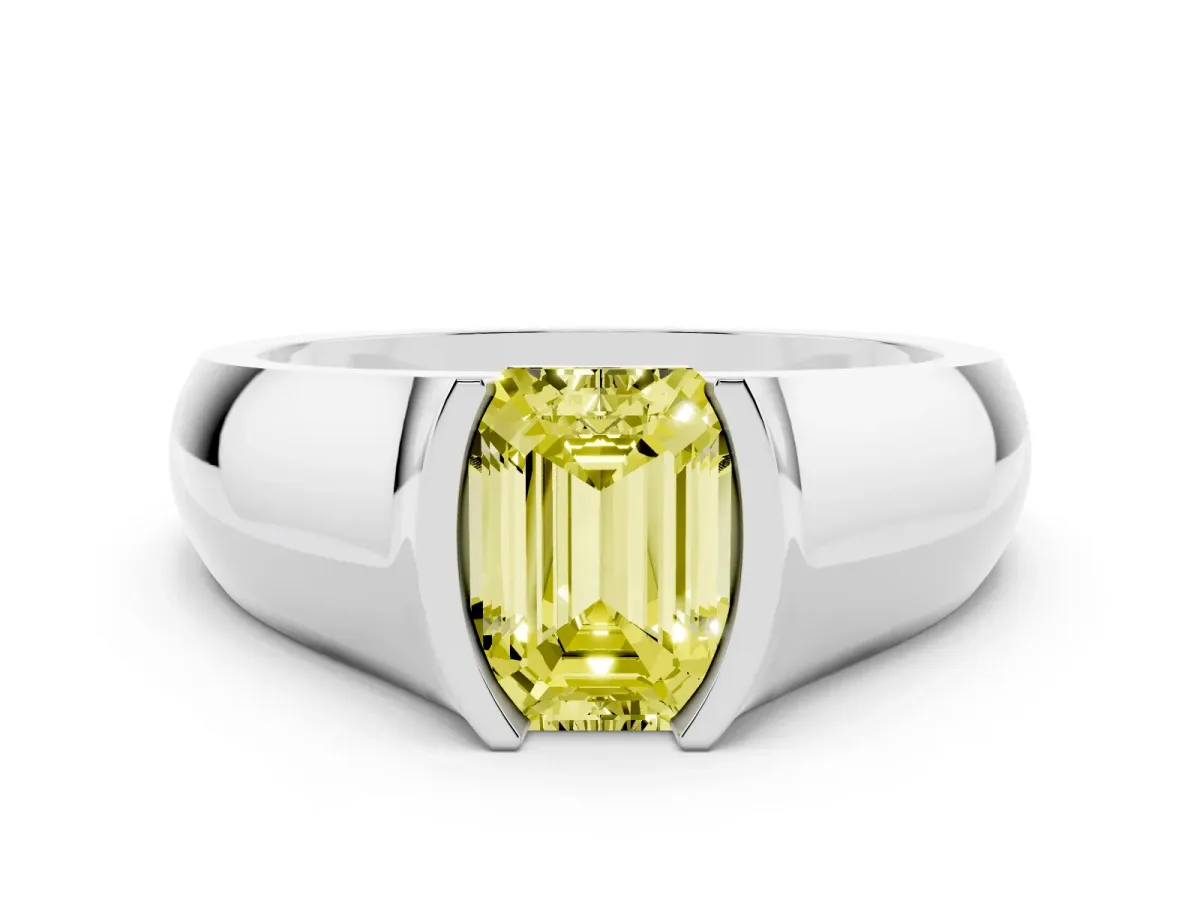 Fancy Yellow Emerald Cut Solitaire Bezel Set Diamond Ring with Wide Band Platinum
