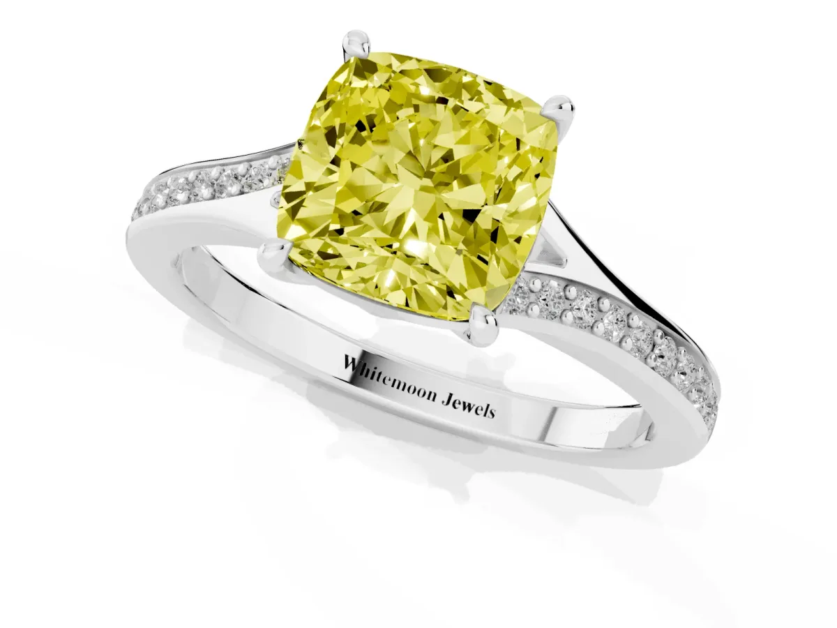 Fancy Yellow Cushion Cut Diamond Solitaire Ring with Pavé Band and Prong Setting Silver