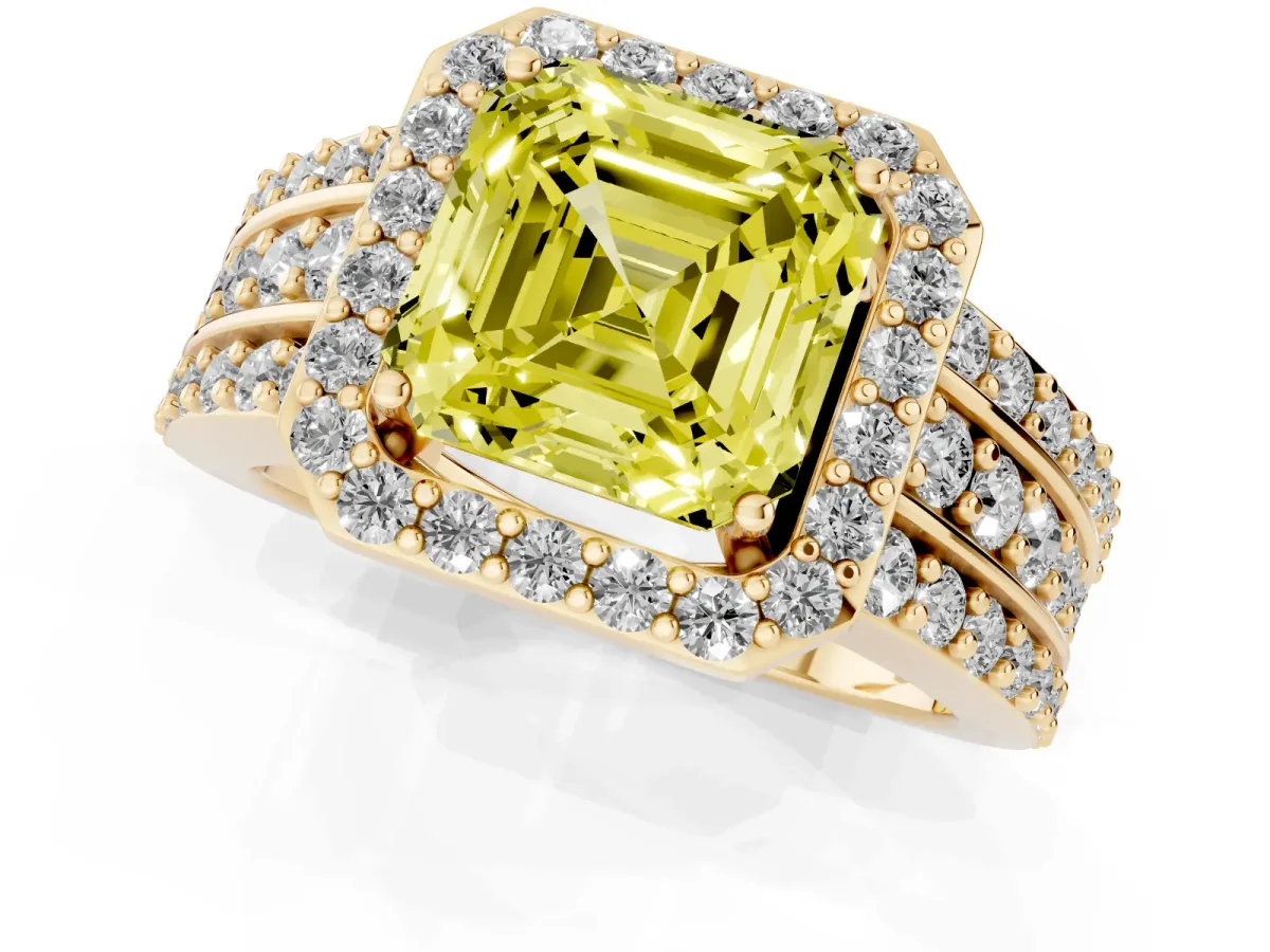 Fancy Yellow Asscher Cut Halo Diamond Ring with Round Split Shank and Prong Setting Yellow gold