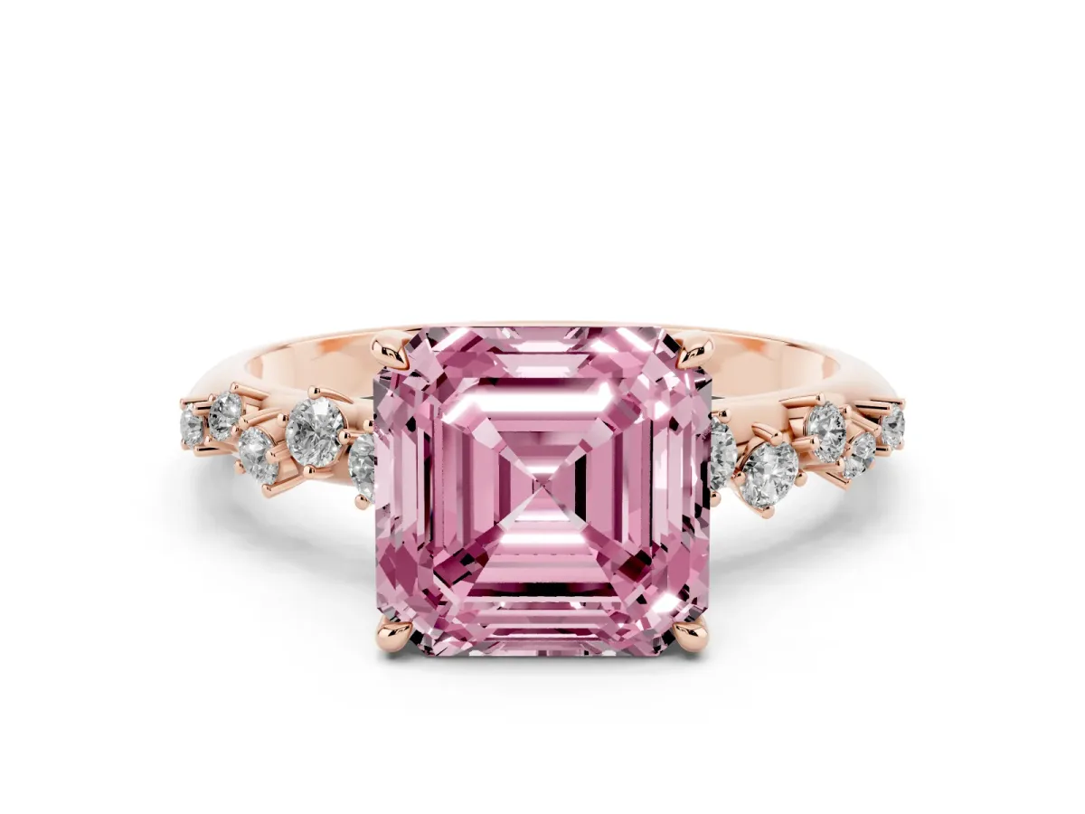 Fancy Pink Asscher Cut Diamond Cluster Side Stone Solitaire Ring with Prong Setting Rose gold