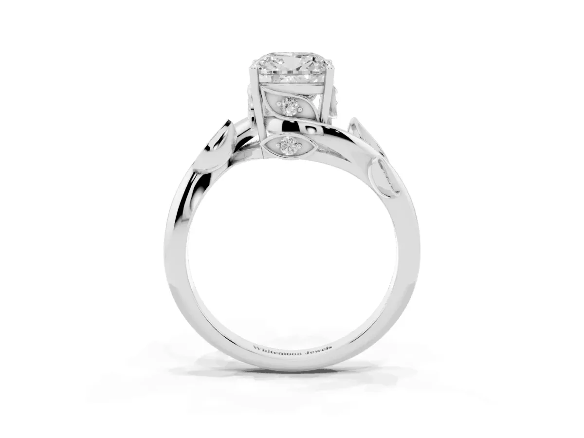 Cushion Cut Solitaire Twist Engagement Ring with Leaf Accents and Prong Setting Silver