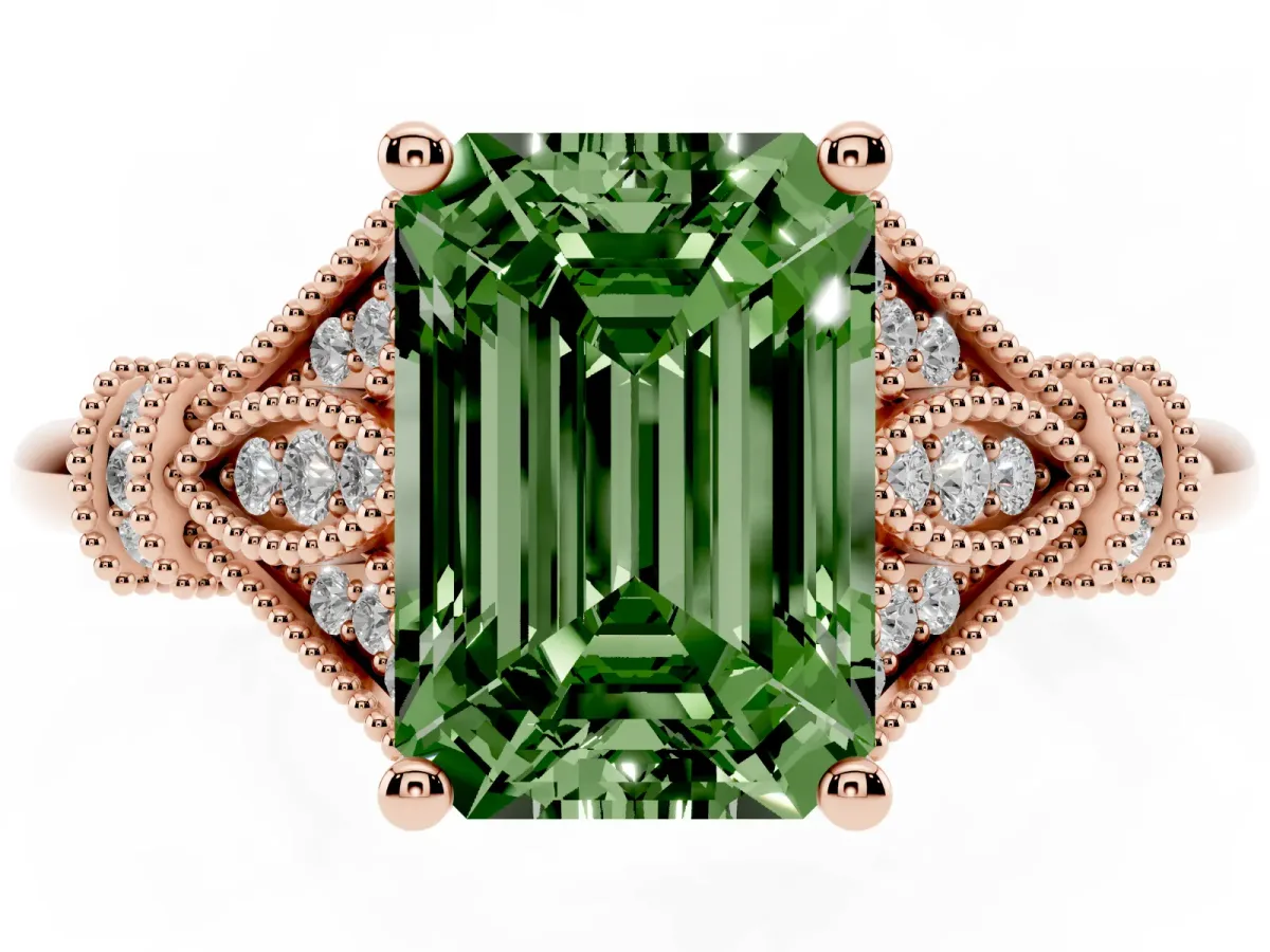 Fancy Green Emerald Cut Diamond Solitaire Ring with Floral Filigree and Pave Accents Rose gold