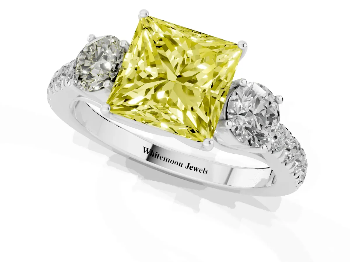 Fancy Yellow Princess Cut Cut Diamond Three-Stone Ring with Round Side Stones and Pavé Band Silver