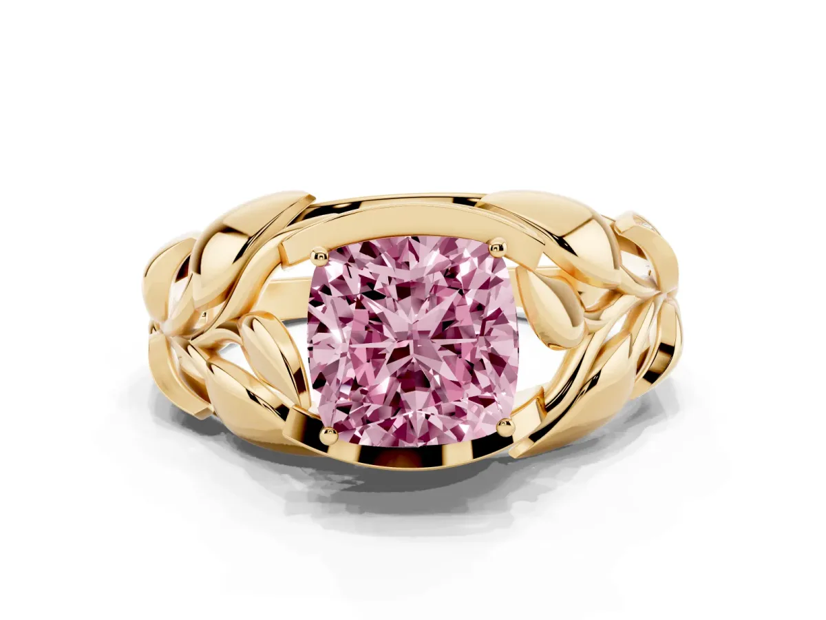 Fancy Pink Cushion Cut Diamond Leaf-Inspired Engagement Ring with Round Accents and Prong Setting Yellow gold