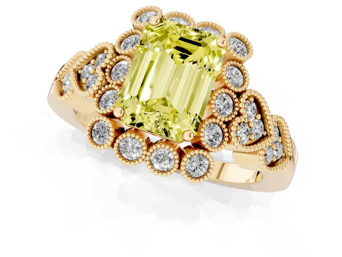 Fancy Yellow Emerald Cut Brilliant Milgrain Pave Heart Band Solitaire Ring Yellow gold