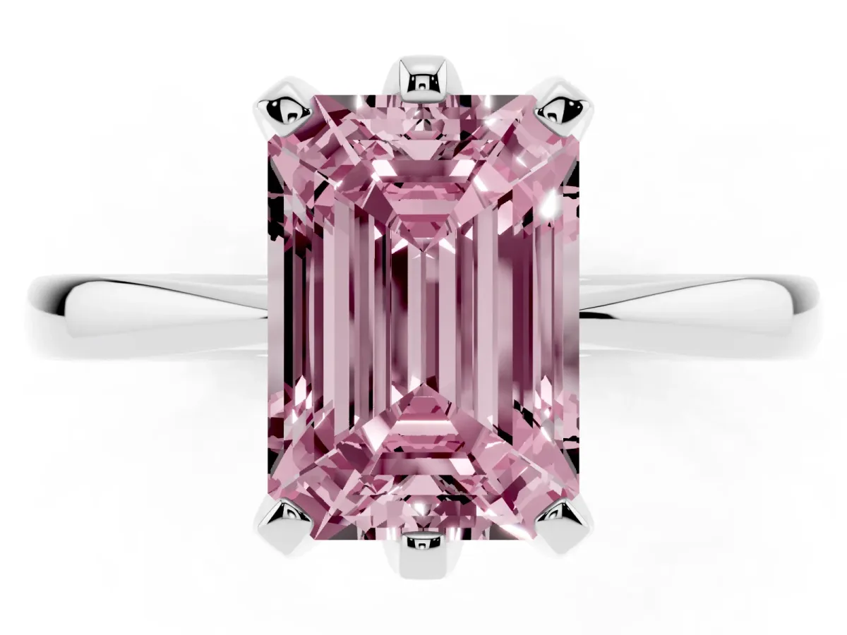 Fancy Pink Emerald Cut Solitaire Engagement Ring with Six-Prong Setting and Tapered Band Platinum