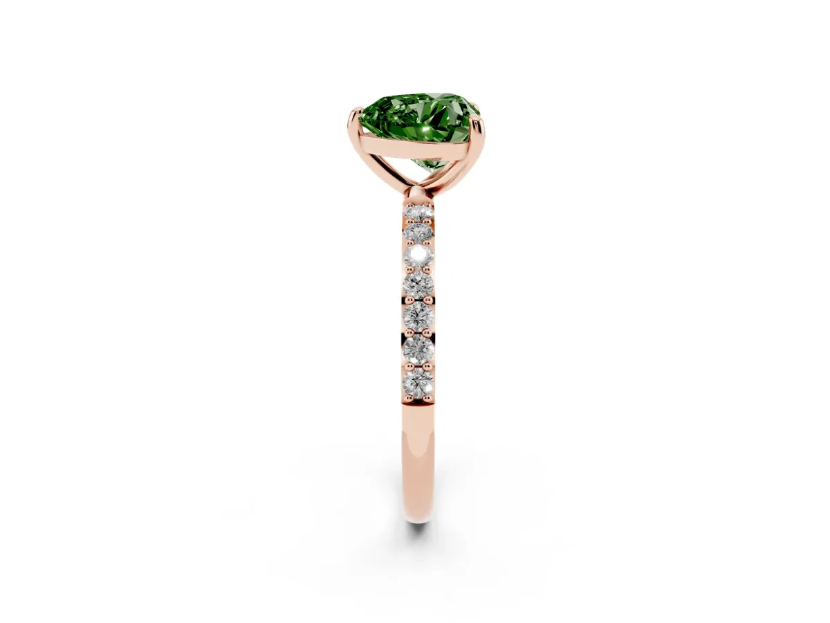 Fancy Green Heart Cut Diamond Solitaire Ring with Round Pavé Band and Prong Setting Rose gold