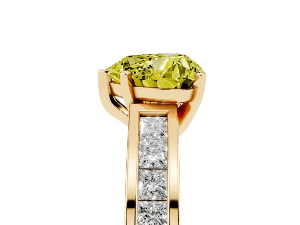 Fancy Yellow Heart Cut Solitaire Diamond Ring with Channel-Set Band and Four-Prong Setting Yellow gold