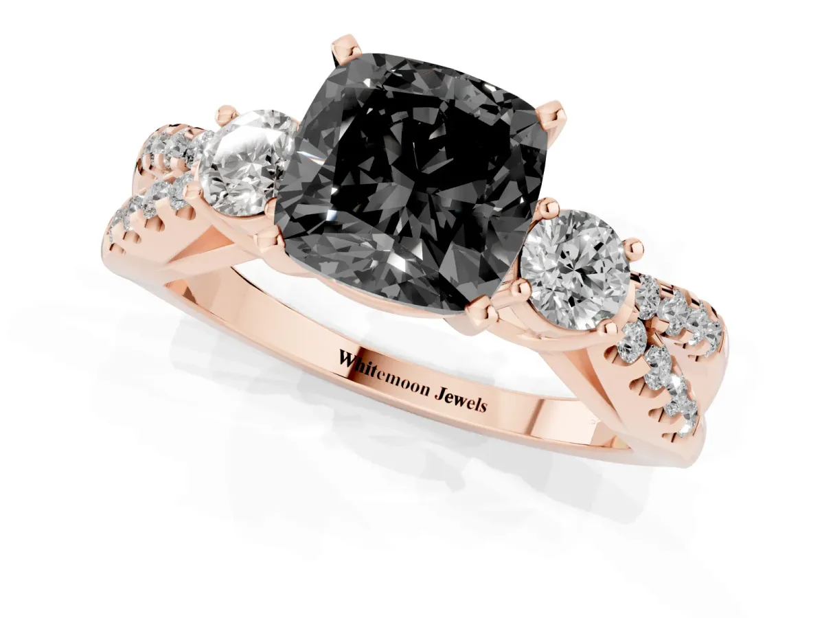Fancy Black Cushion Cut Diamond Three-Stone Ring with Pavé Split Shank and Four-Prong Setting Rose gold