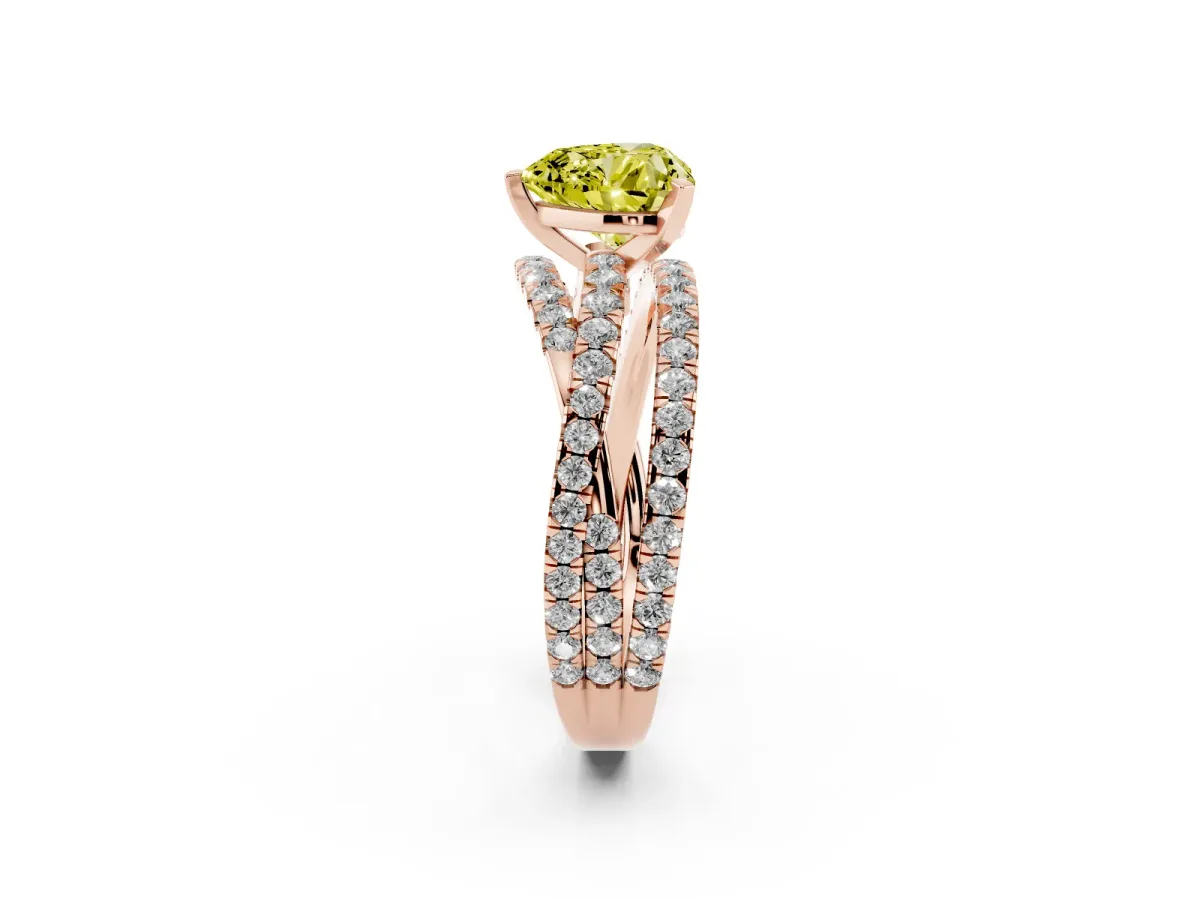 Fancy Yellow Heart Cut Solitaire Twist Band with Pavé Setting and Four-Prong Setting Rose gold