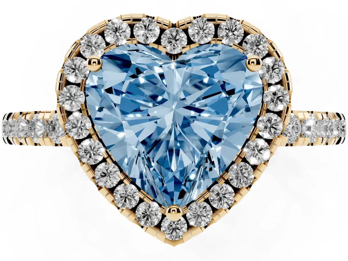 Fancy Blue Heart Cut Halo Diamond Engagement Ring with Pavé Band and Four-Prong Setting Yellow gold