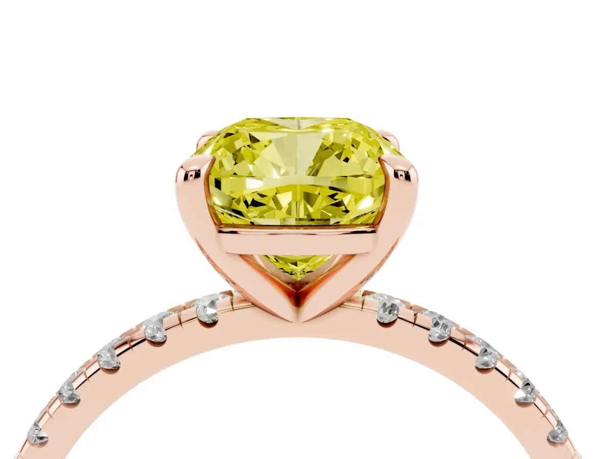 Fancy Yellow Cushion Cut Diamond Brilliant Solitaire Ring with Pavé Band and Four-Prong Setting Rose gold