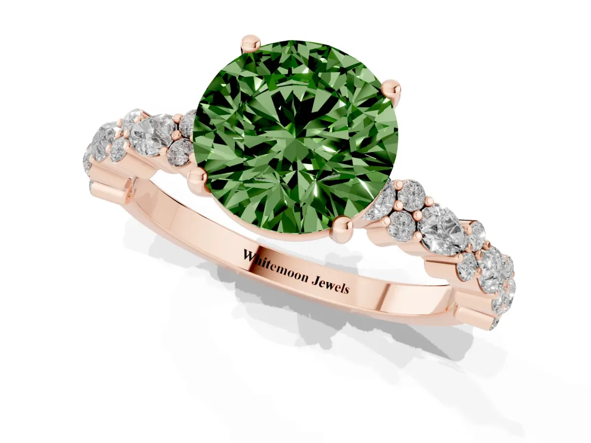 Fancy Green Round Cut Diamond Side Stone Solitaire Ring with Round and Four-Prong Setting Rose gold