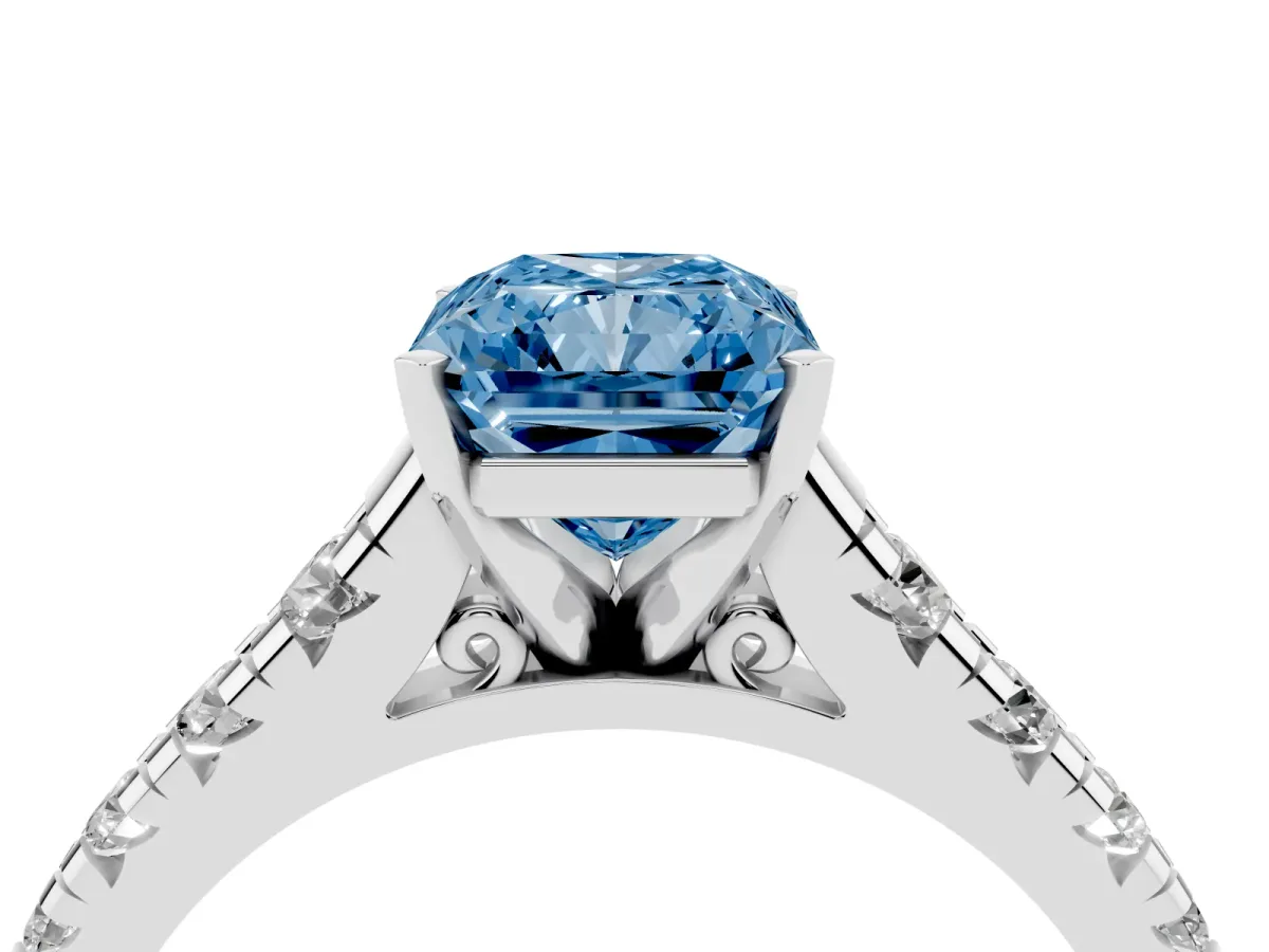 Fancy Blue Radiant Cut Diamond Cathedral Solitaire Ring with Round Pavé Band Silver
