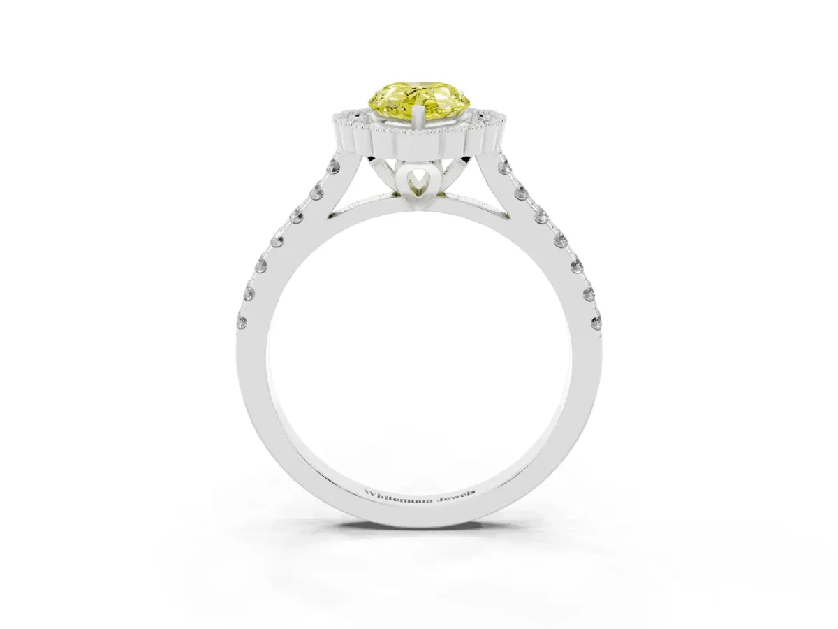 Fancy Yellow Pear Cut Cut Diamond Milgrain Floral Halo Engagement Ring with Pavé Band White gold