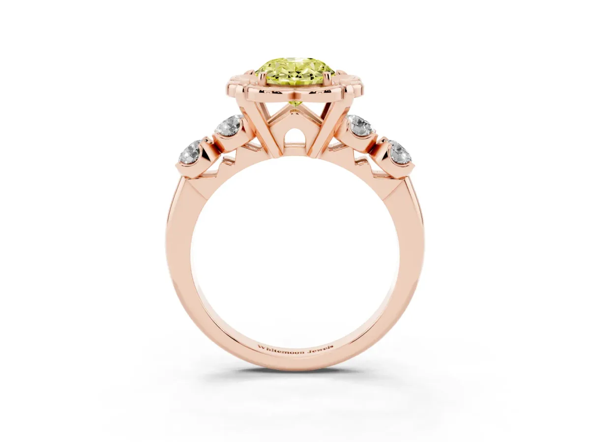 Fancy Yellow Oval Cut Cut Diamond Floral Halo Engagement Ring with Shared Prong Setting Rose gold