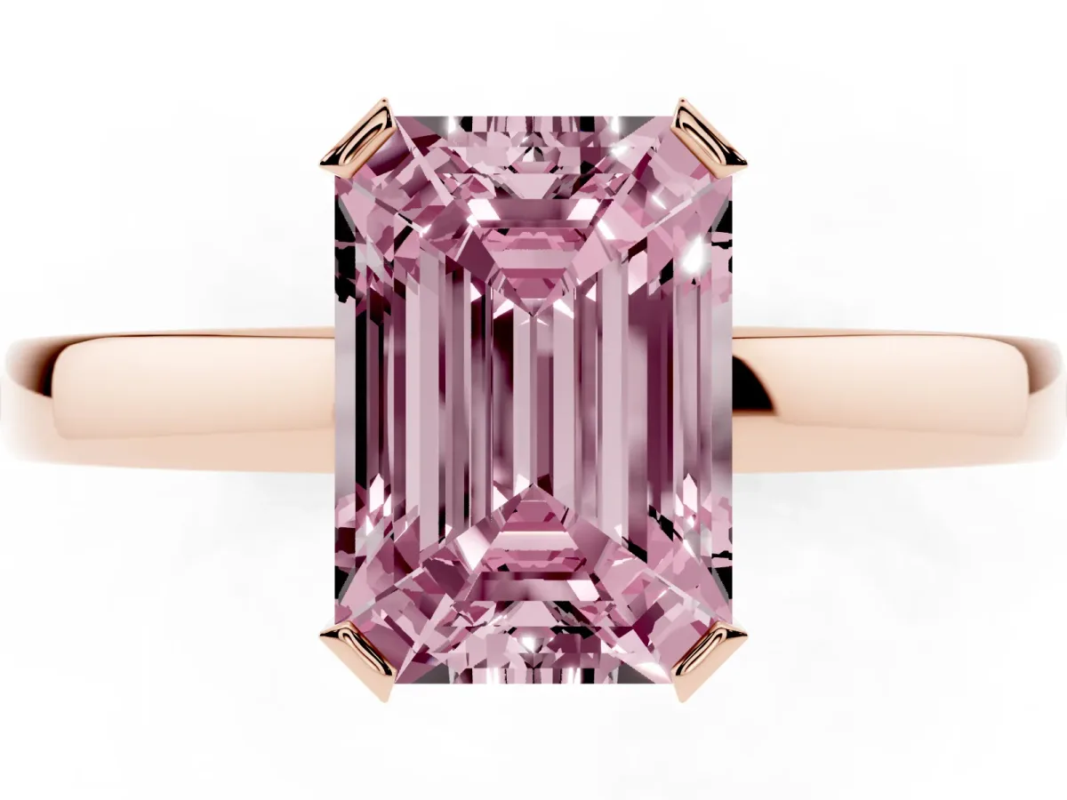 Fancy Pink Emerald Cut Cut Solitaire Ring with Four-Prong Setting and Classic Band Rose gold