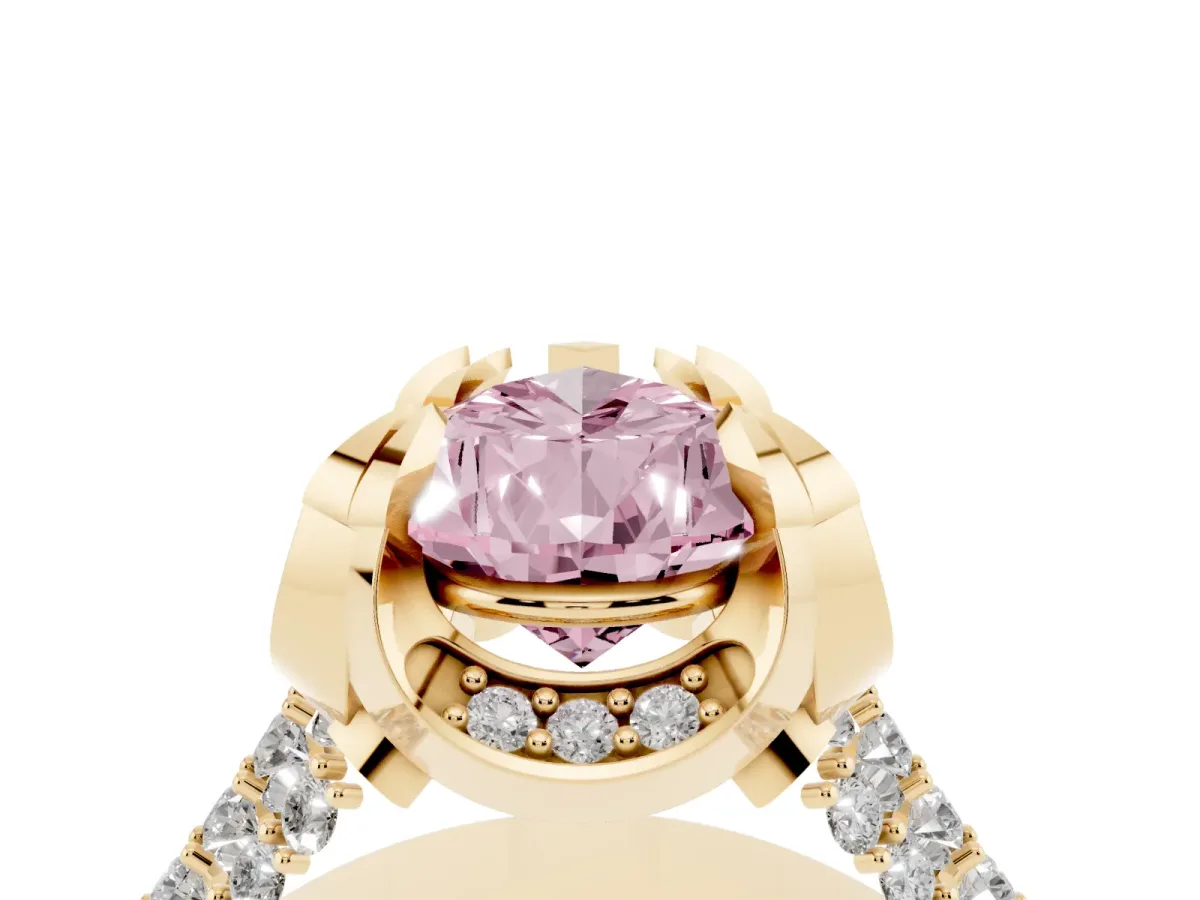 Fancy Pink Pear Cut Solitaire Pave Split Shank Ring with Four-Prong Setting Yellow gold