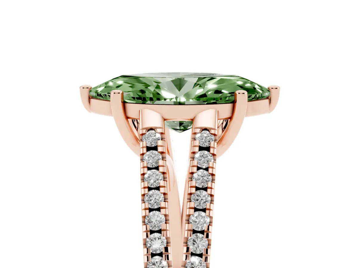 Fancy Green Marquise Cut Diamond Solitaire Engagement Ring with Split Shank Pavé Band Rose gold
