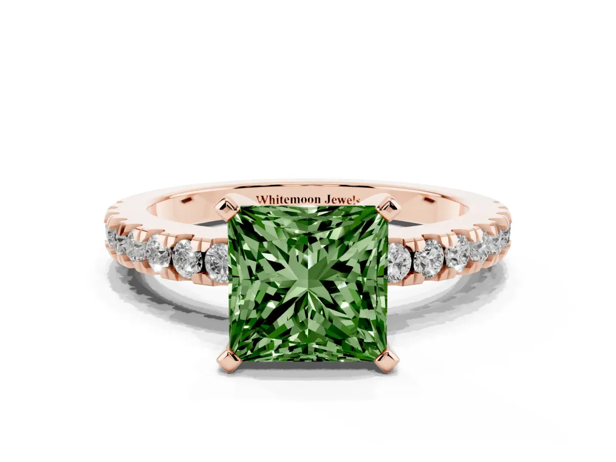 Fancy Green Princess Cut Solitaire Diamond with Pavé Band and Four-Prong Setting Rose gold