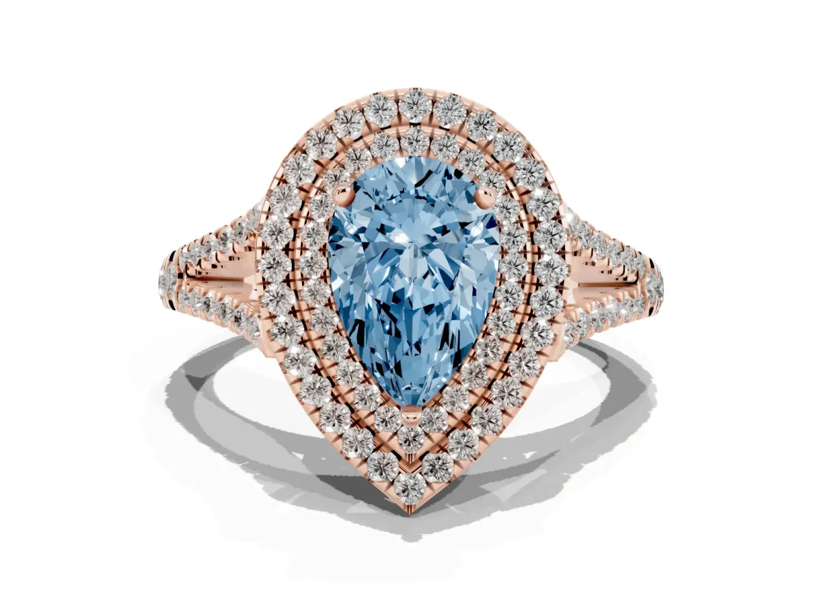 Fancy Blue Pear Cut Diamond Double Halo Ring with Pavé Band and Prong Setting Rose gold